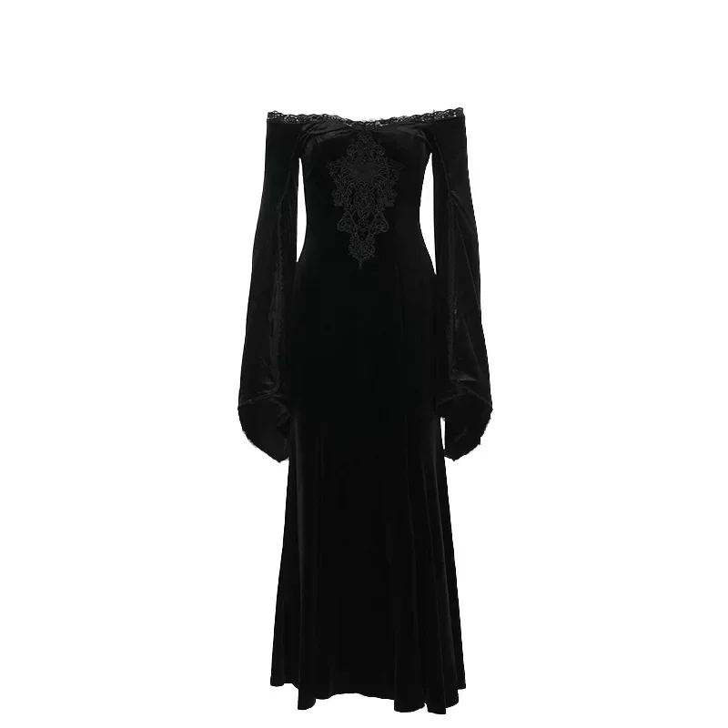 Mall Gothic Dark กํามะหยี่ชุดผู้หญิง Elegante ความงาม Fairycore Grunge เย็บปักถักร้อยปิดไหล่ Flare Sleeve Dreses