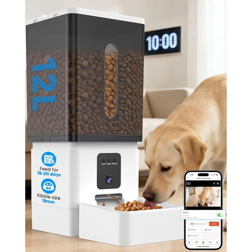 Distributeur de nourriture intelligent pour chien de 12 L avec caméra : 50 portions, alimentation pour 20 jours pour les grandes races - Conception anti-colmatage