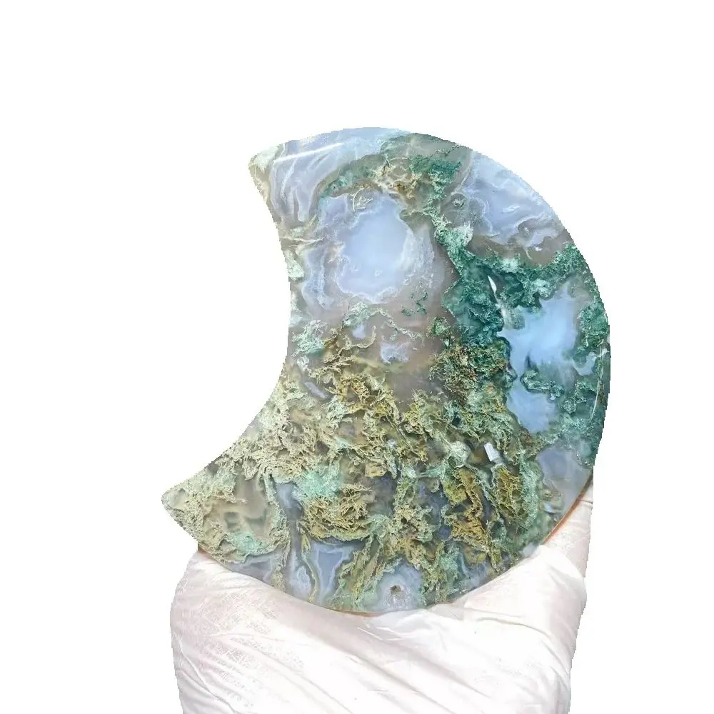 Natural Moss Agate Moon with Natural Crack And Raw Geode Stone Healing Crystal Reiki Home Decor Ornaments Lucky Gift