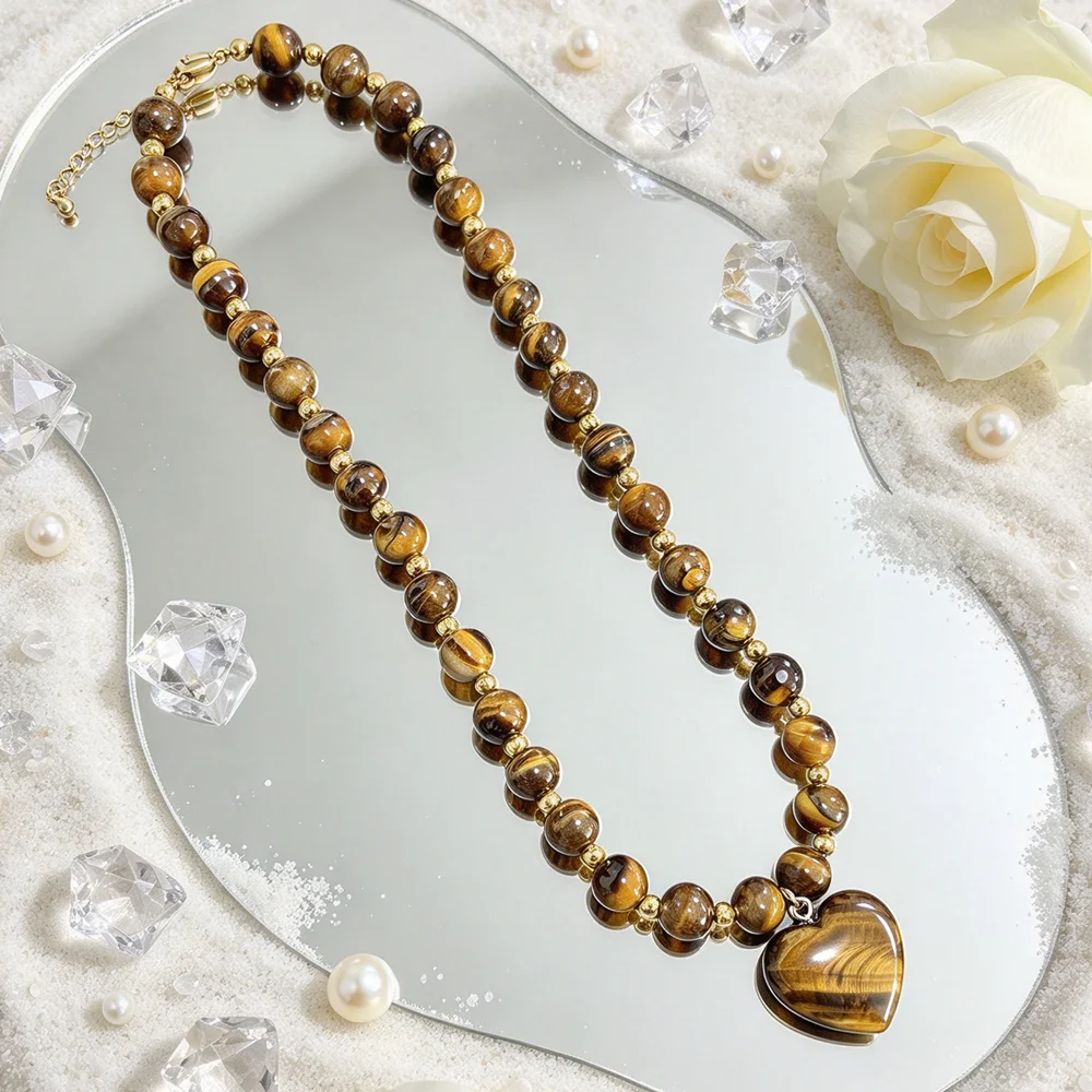 Retro Tiger Eye Puffy Heart Pendant Beaded Necklace, Hypoallergenic Unisex Fall Fine Jewelry, Unique Anniversary Valentines Gift