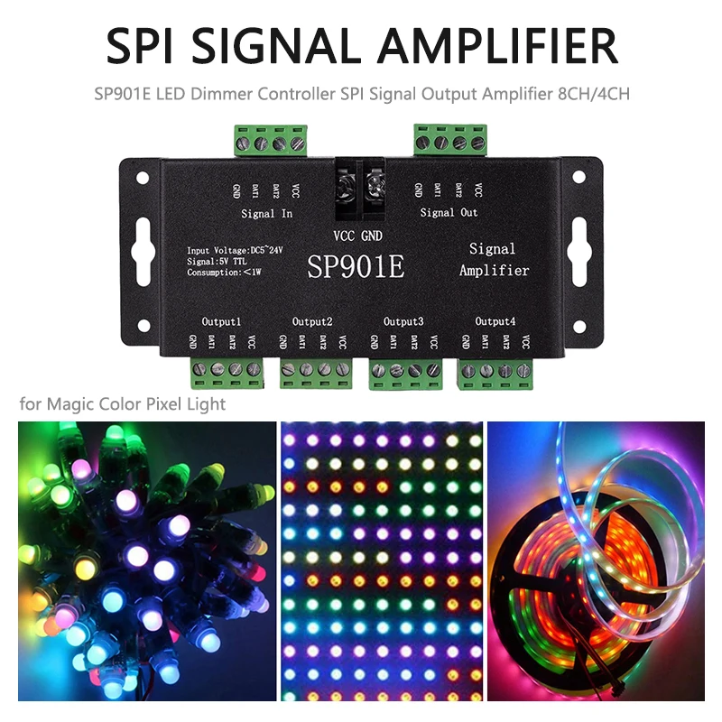 SP901E SPI Signal Amplifier for WS2811 WS2812B WS2813 Pixel RGB LED Strips Signal Repeater Addressable Dream Color Tape DC5-24V