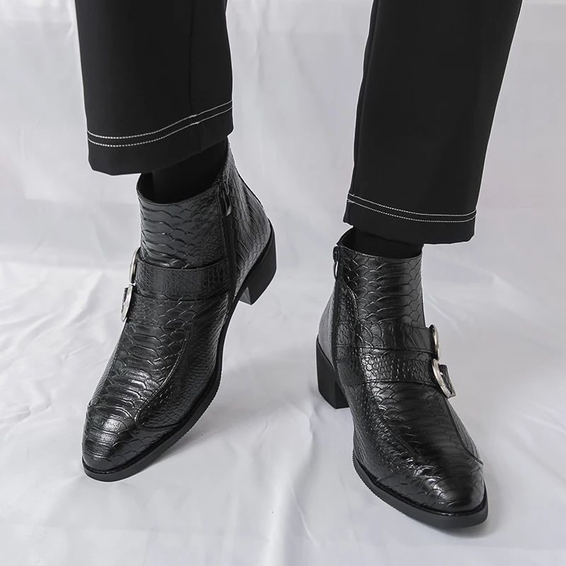 Men's Pointed Toe Black Ankle Boots Monk clasp British Designer Casual High-Tops Punk Rock Trend Shoes
