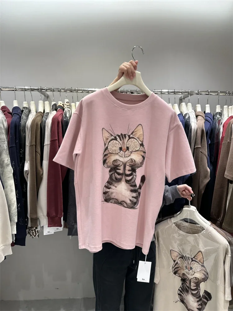 Heavy Industry Thick Cotton Short-sleeved T-shirt Women's Winter 2024 New Versatile Mid Length Bead Cartoon Cat Half-sleeved Top