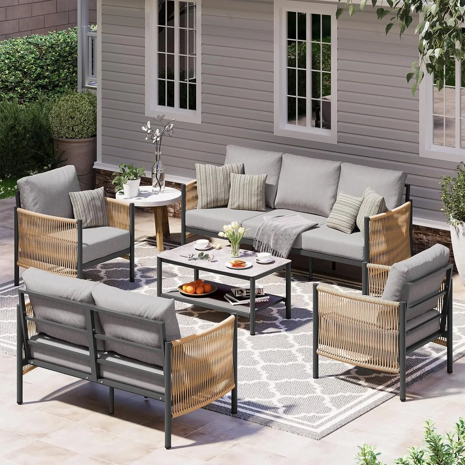 Set Furnitur Teras Luar Ruangan Aluminium, Tali HDPE 5 Buah Set Perbualan Bersekat Modern dengan Meja Kopi Dua Lapis, Semua Wea
