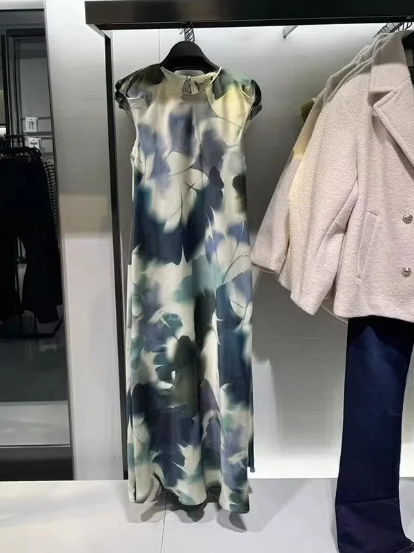 Printemps nouveauté soie Satin imprimé Svel rond Ne Midi Dr femmes Ele Sle a-ligne jupe faux t-shirt