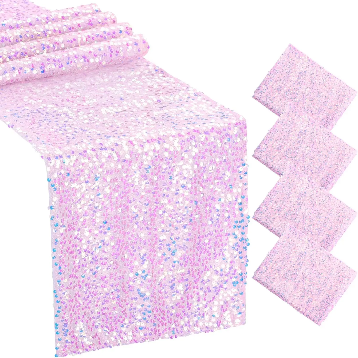 4 Pcs Pink Iridescent Sequin Table Runner for Soft Dining Table Wedding Baby Shower Girls Birthday Party Decorations Solid