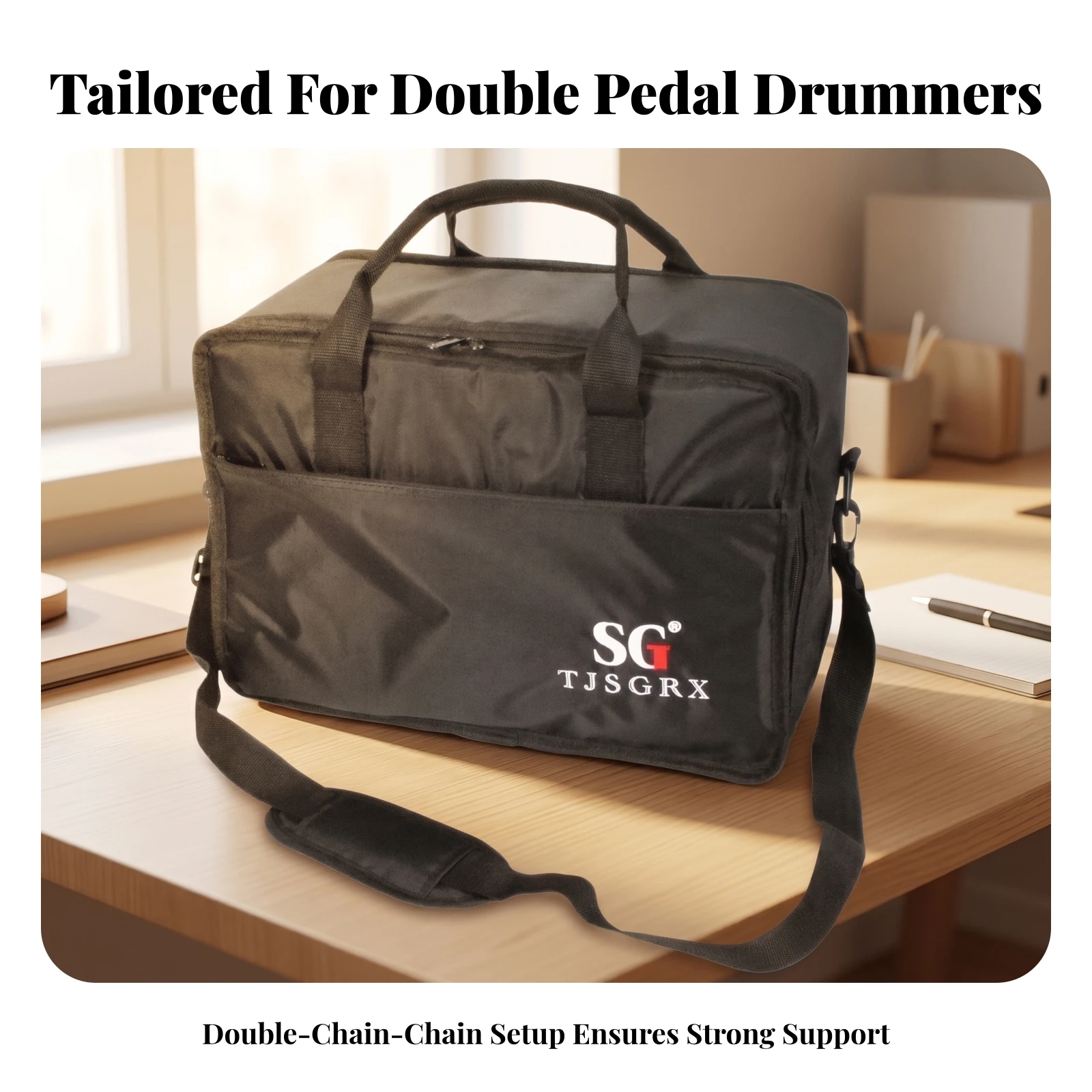 Padded Drum Pedal Case Detachable Shoulder Strap Music Gear Black Drum Pedal Bag Taffeta Lining Front Zip Pocket