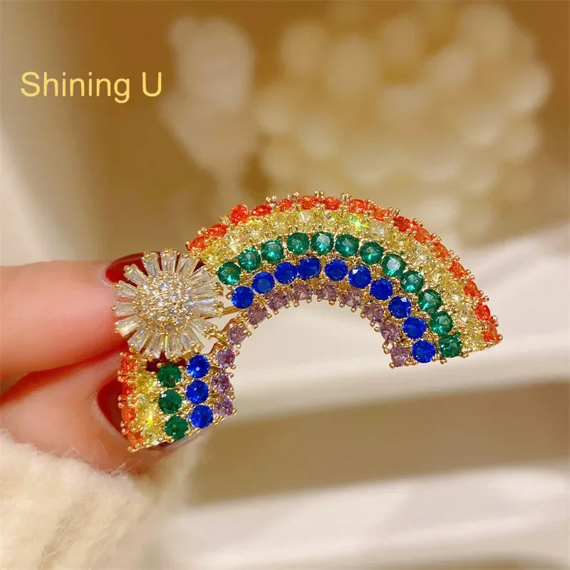 Shining U Full Gems Rainbow Brooch for Women Men Fashion Overcoat Accessory Gift