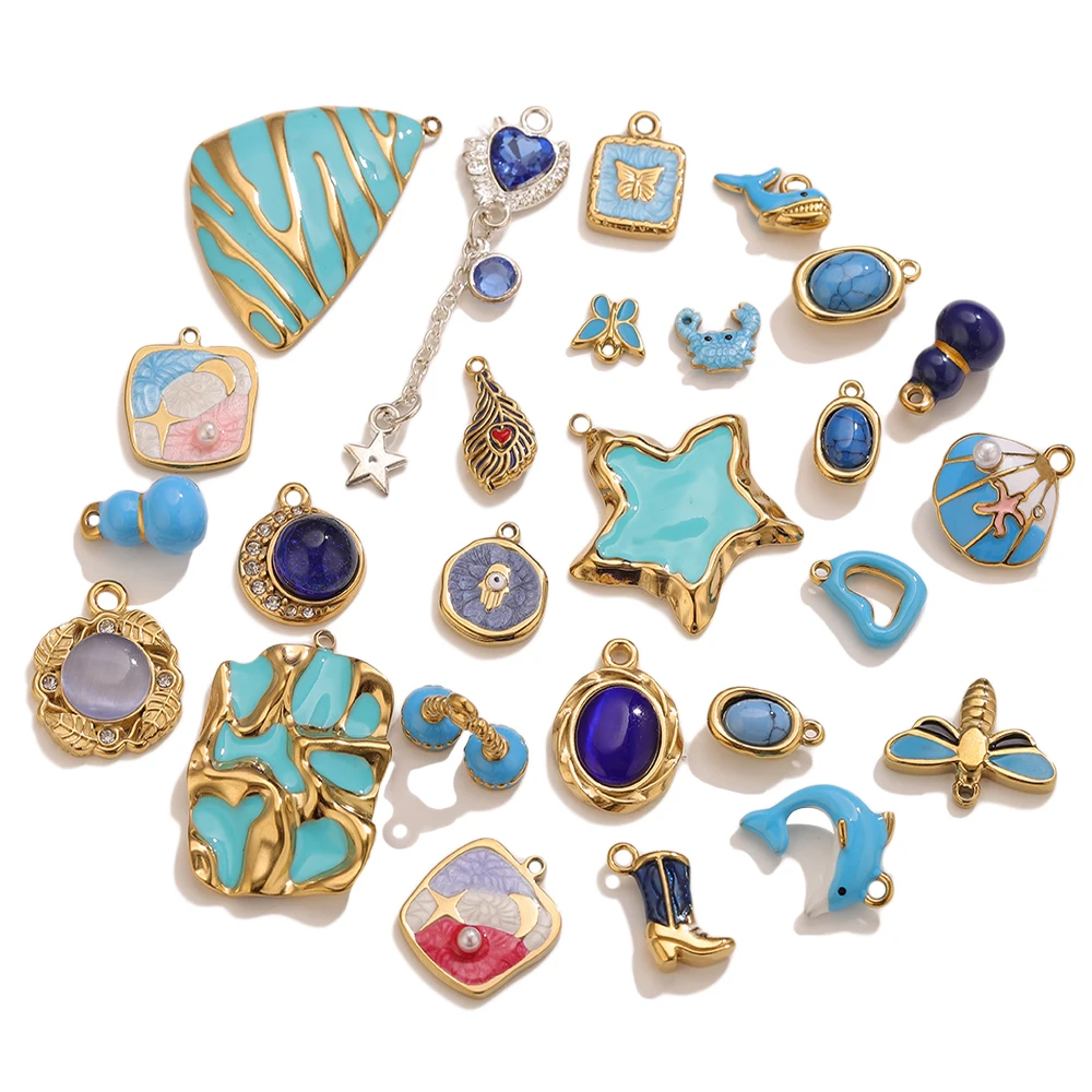 1-20Pcs 3D Sea Animals Enamel Charm 18K Stainless Steel Boot/Gourd/Love Rhinestone Pendant DIY Necklace Jewelry Women Gifts Bulk