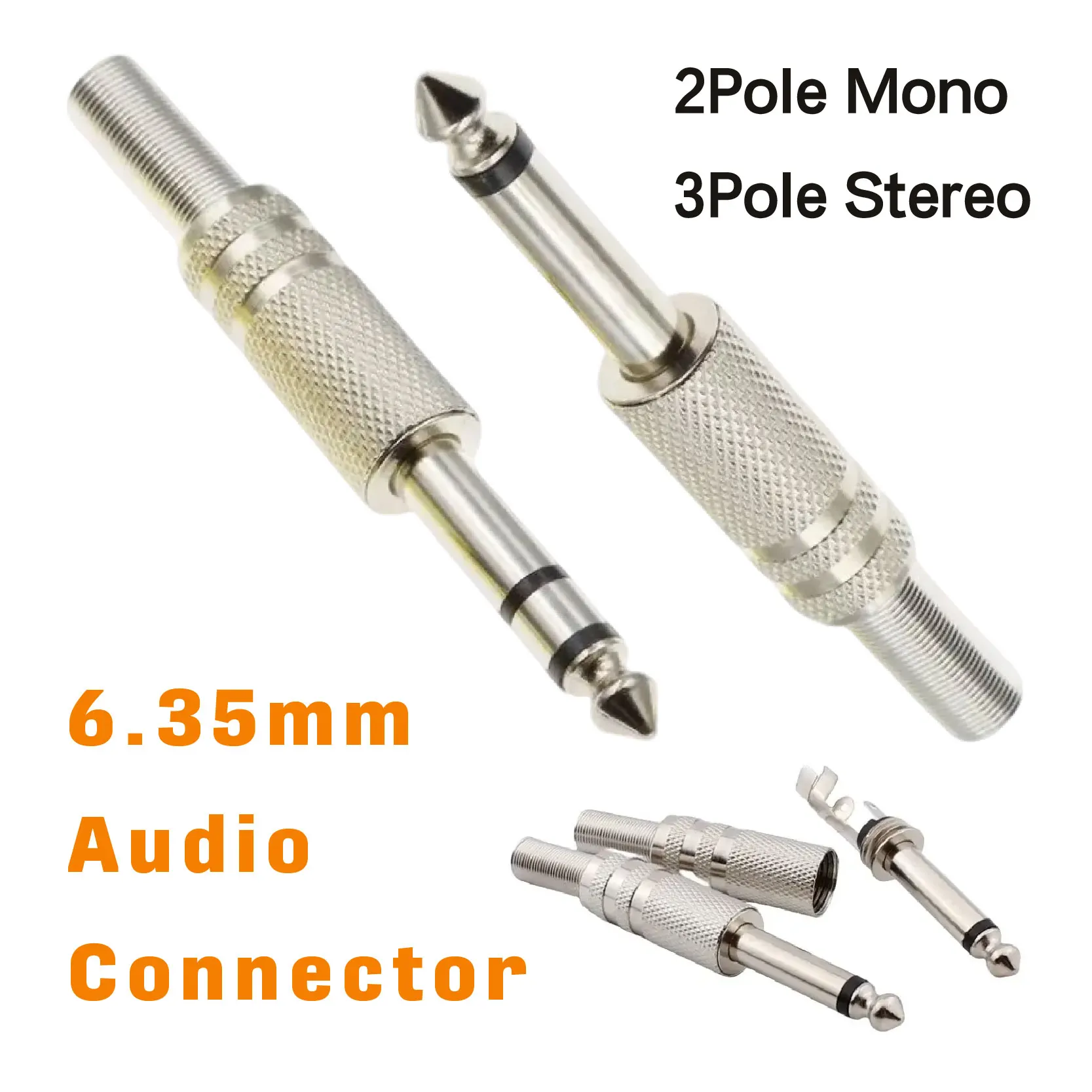 5Pcs 6.35mm Mono Stereo Plug Metal Male Connector with Solder Lugs for Professional Microphone and KTV Cable