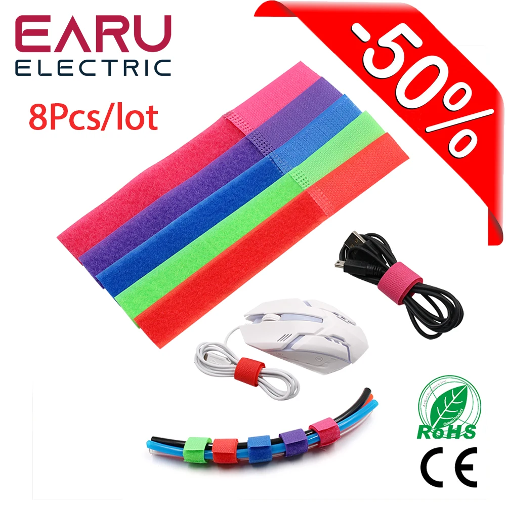8Pcs Reusable Cable Ties 18cm Nylon Hook Loop Strap Cord Organizer Wire Management Winder for PC Power Cable Mouse Headphone