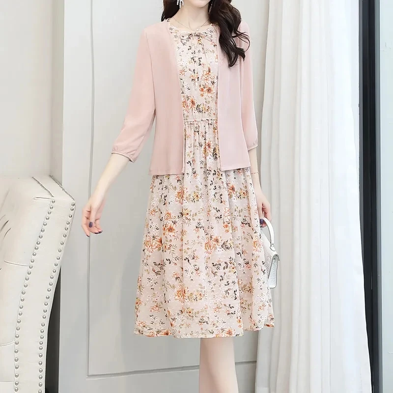 Fashion Summer Dress Chiffon Two-Piece Suits Floral Dresses For Women 2023 Half Sleeve Sunscreen Cardigan+Dress Female Elegant