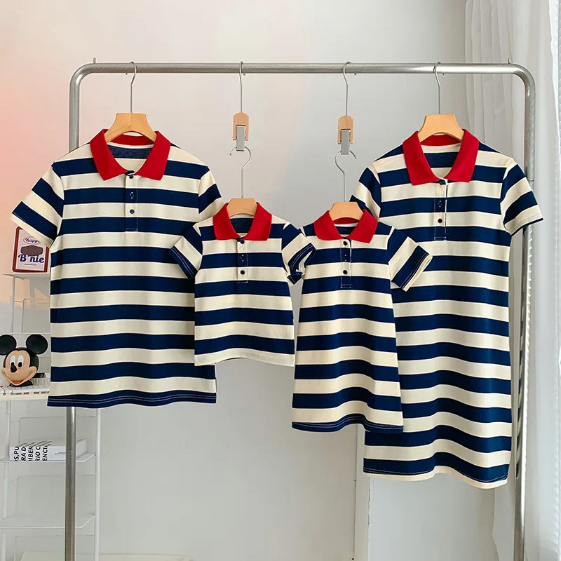 Summer Tourism 2023 New Parent-child Dress For A Family Of Three Westernized Mother-daughter Striped Polo Dress T-shirt Holiday