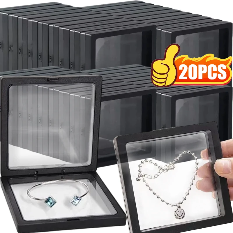 1-20x Clearview 3D Floating Display Case Dustproof Acrylic Jewelry Storage Box with Elastic Film - Transparent Hanging Organizer