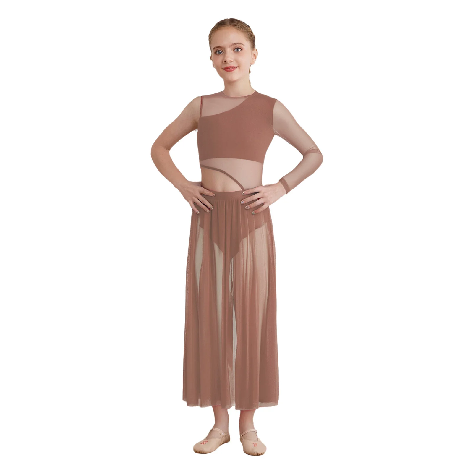 

Kids Girls Modern Ballet Lyrical Dance Costume Sheer Mesh Sides Split Asymmetrical Dress Ballet Stage Performance Dancewear