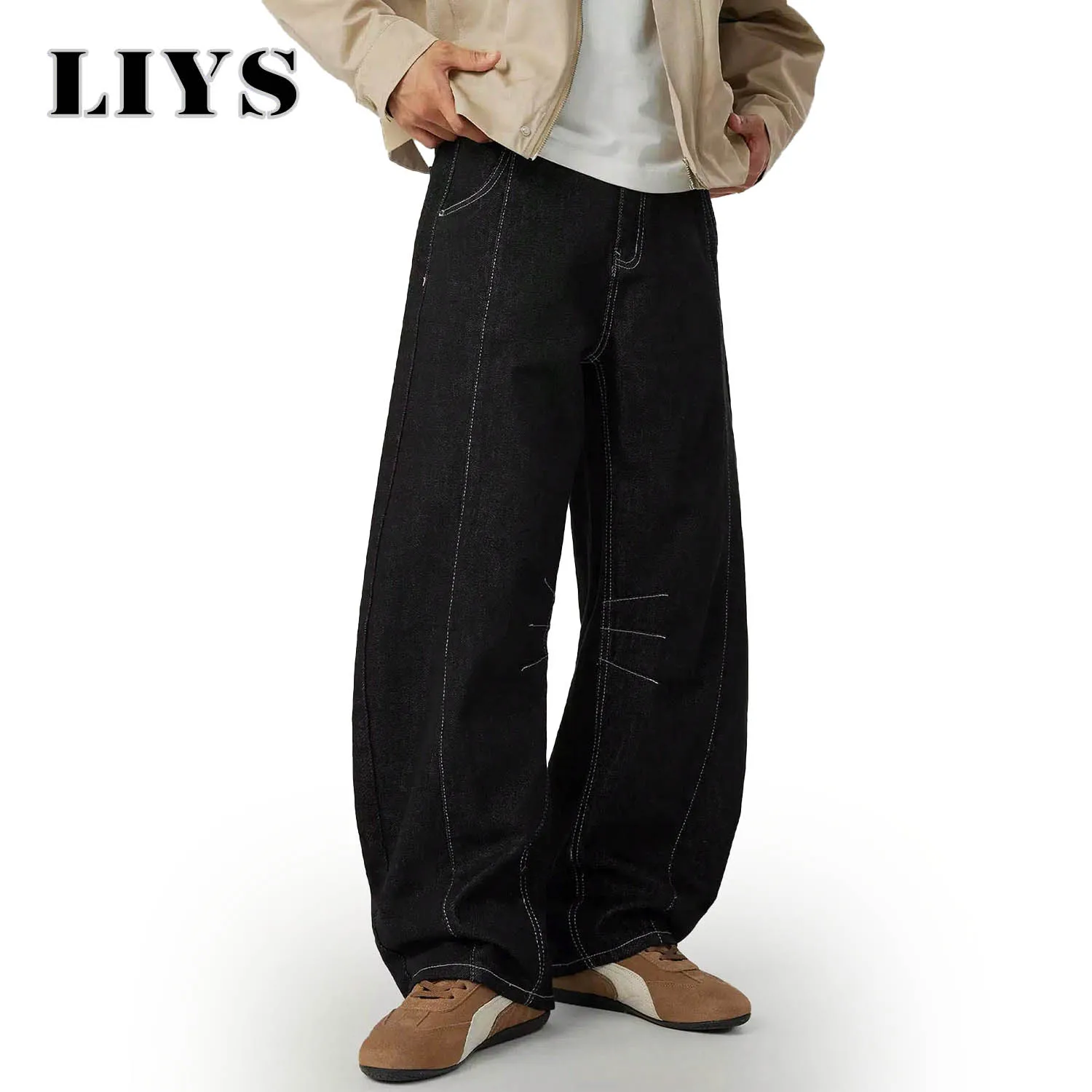 American Retro Men's High Street Black Baggy Wide Leg Jeans Korean Version Clear Thread Deconstruction Design Denim Pants Unisex