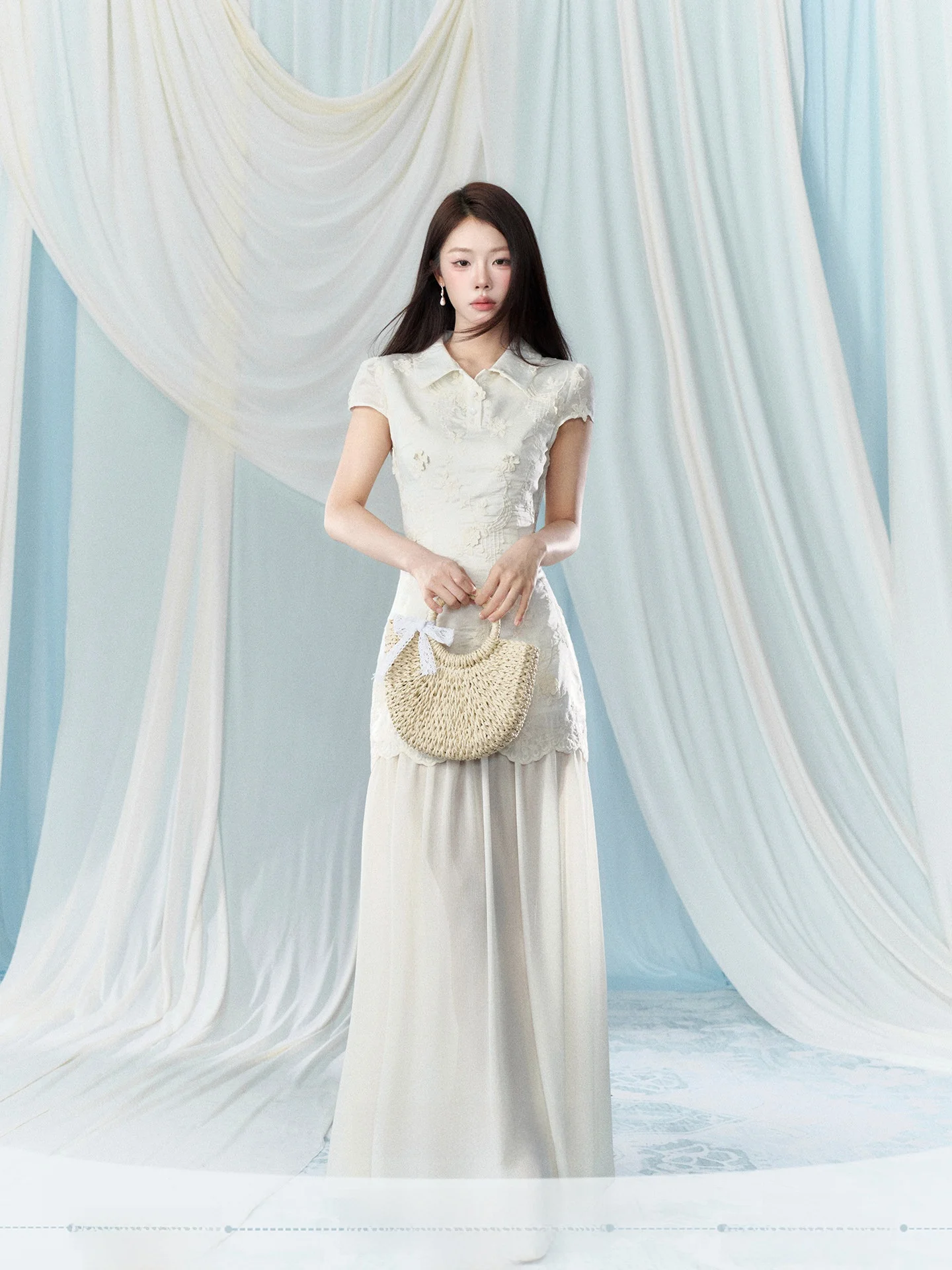 

New Chinese Style Embroidered Waist Cinching Long Dress Women's Spring 2026 Patchwork Design A-Line Skirt Commute Friendly
