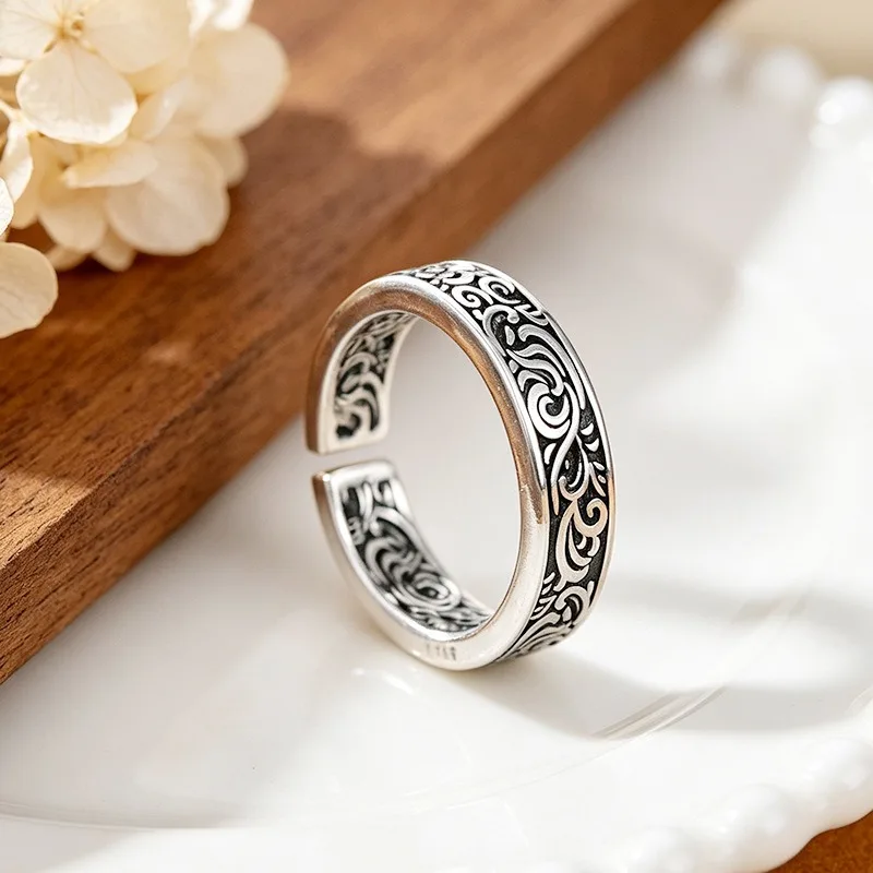Stylish Mens Silver Tang Grass Ring, Vintage Engraved Metal Fashion Finger Accessory for Guys