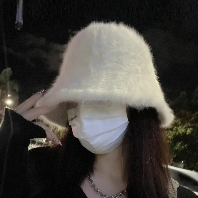 2023 Bucket Hat Plush Rabbit Fur Bucket Hat Soft Warm Women Winter White Black Knitted Fisherman Hat Soft Warm Basin Bucket Hat