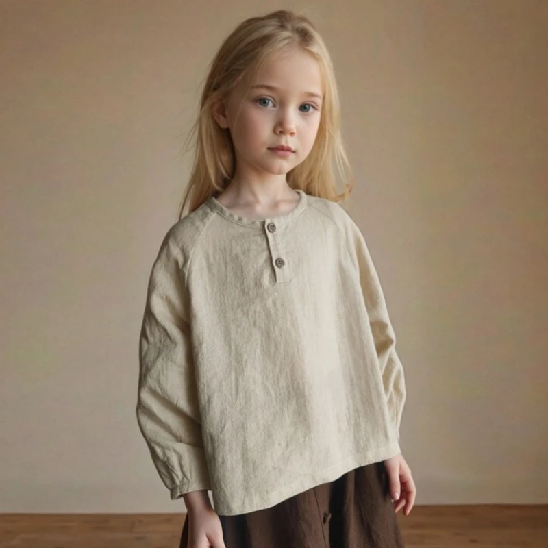 Retro Autumn Ramie Cotton Girls' Shirt 2026 New Casual And Comfortable Skin Friendly Long Sleeved Shirts Children's Clothing