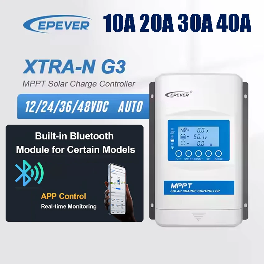 EPEVER 10A 20A 30A 40A MPPT Solar Controller Built In Bluetooth 12/24/36/48V XTRANG3BLE 100V PV Panel Can Lithium/No Battery