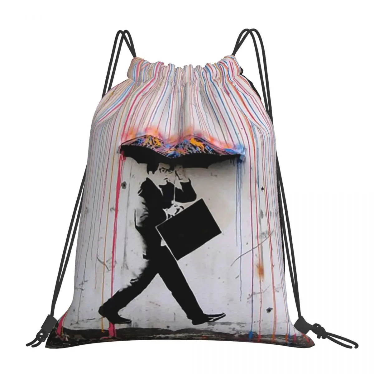 バンクシー傘レインボーハッピーガールバックパック多機能ポータブル巾着バッグスポーツバッグブックバッグ男性女性学生