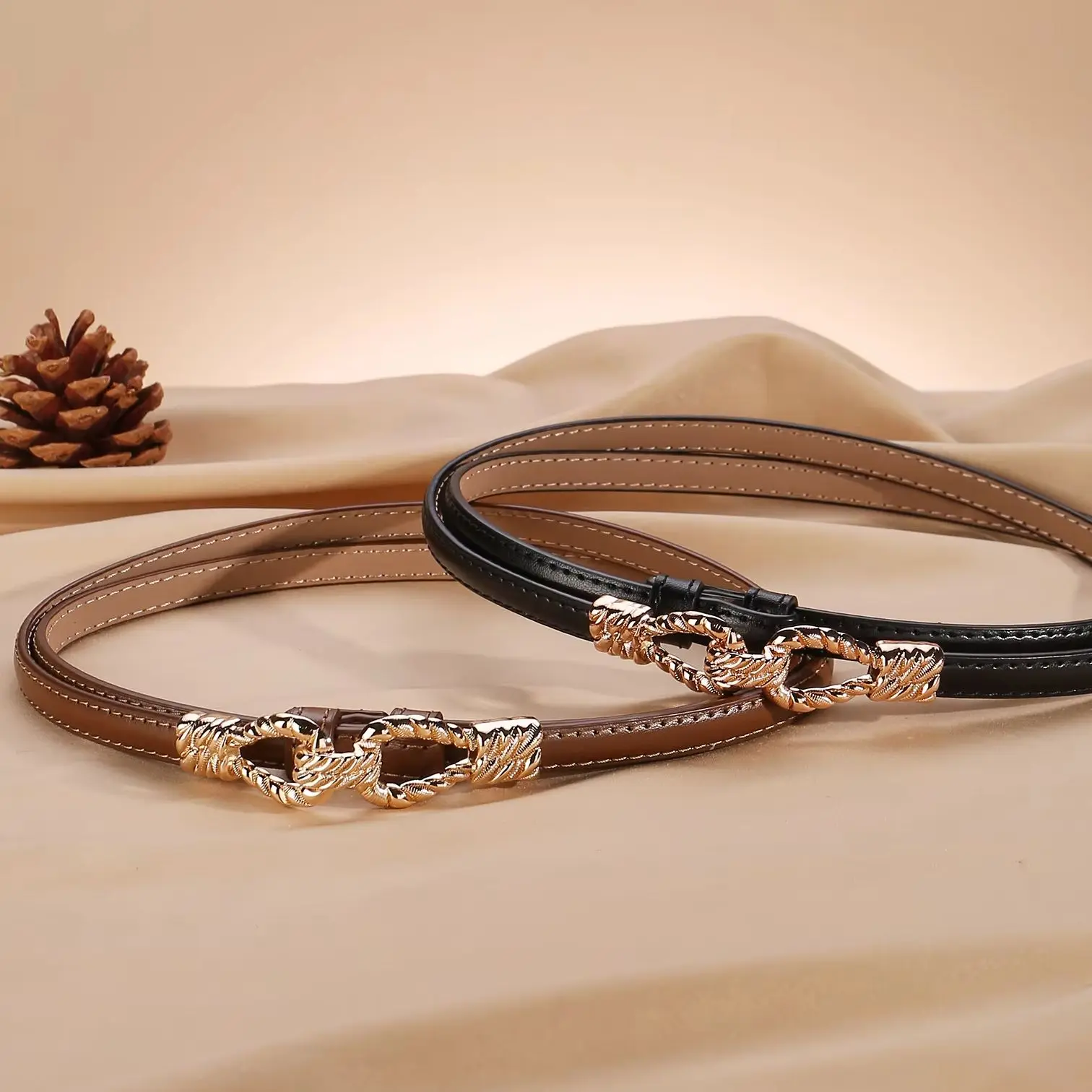 Vintage Slim Waist Belt for Women Soft Leather Fashion Skinny Thin Belts Gold Metal Buckle Casual Wear Waistband for Dresses
