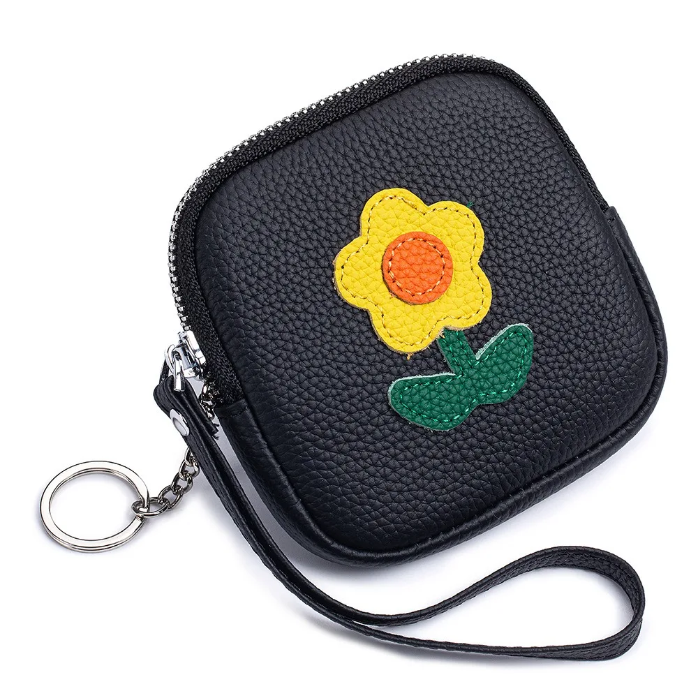 Multifunctional Small Flower Wallet with Keychain Leather Mini Lipstick Bag Zipper Lovely Earphone Storage Bag For Mom
