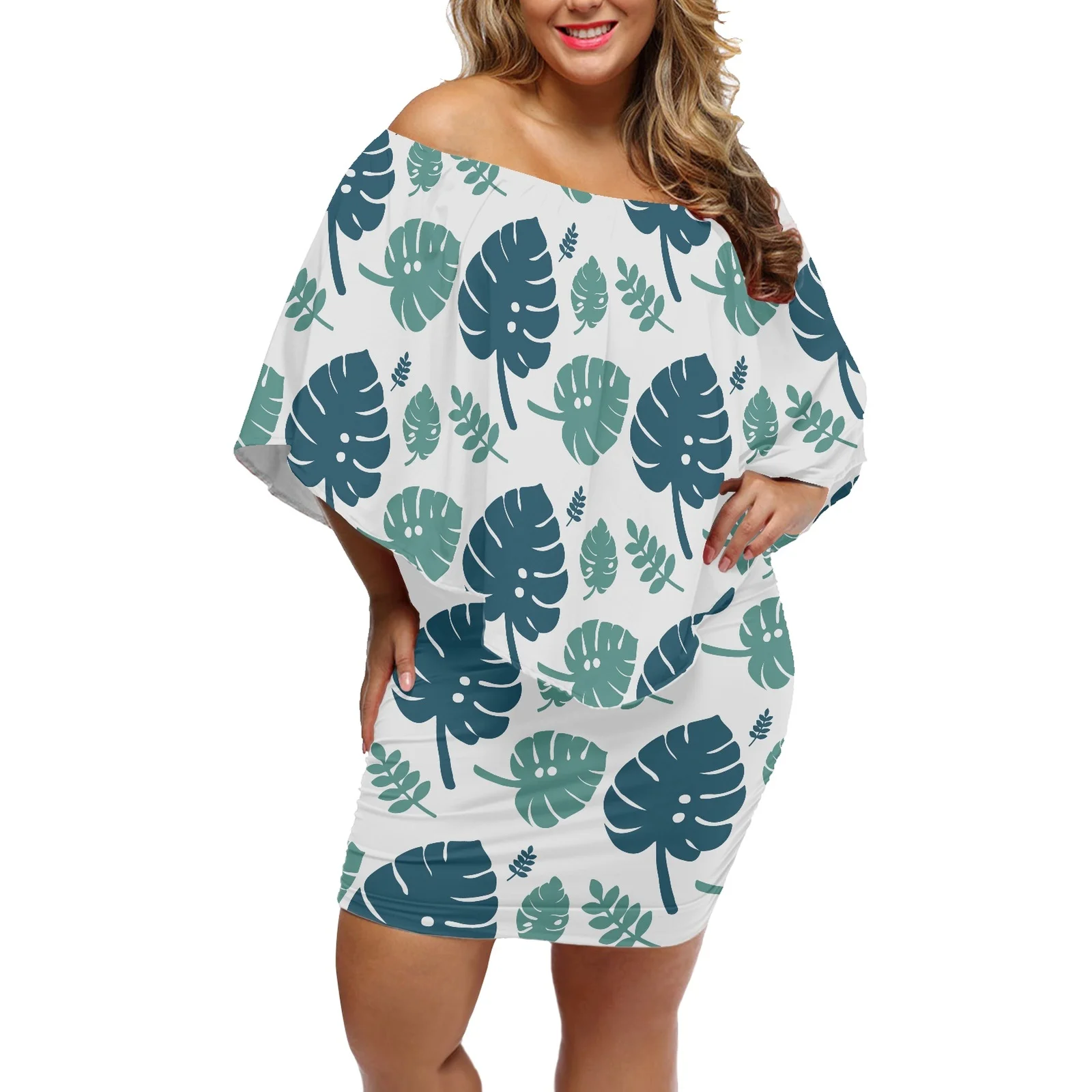 Polynesia Summer Women's Clothing Off Shoulder Bat Sleeves Buttocks Skirt Samoa Tribe Palm Leaves Printing Women Party Dress