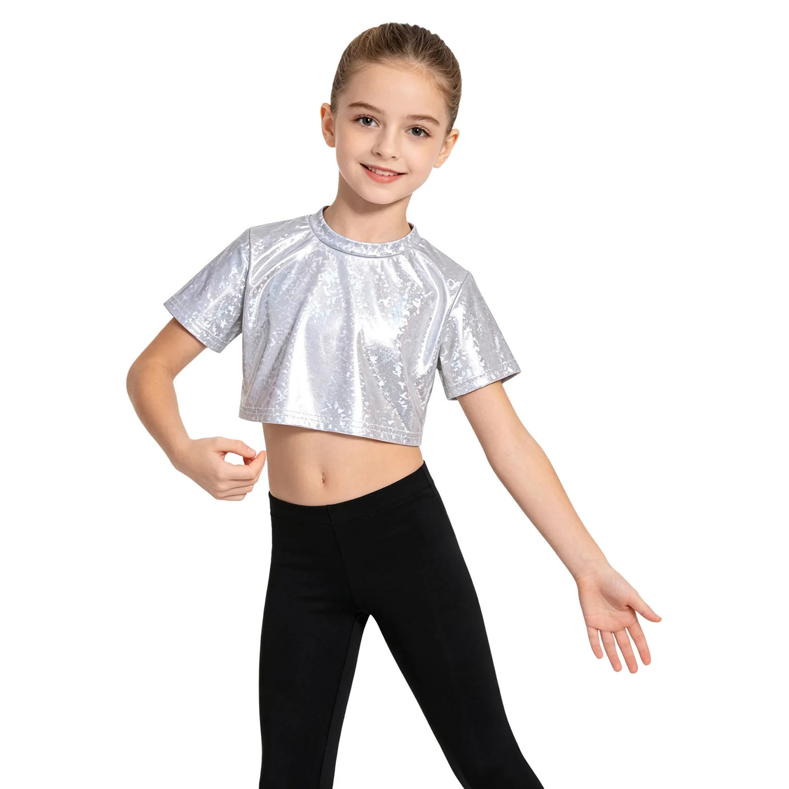 Kid Girls Metallic Crop Top Jazz Hip Hop Dance Performance Costume Round Neck Short Sleeves Shiny T-shirt Cheerleading Dancewear