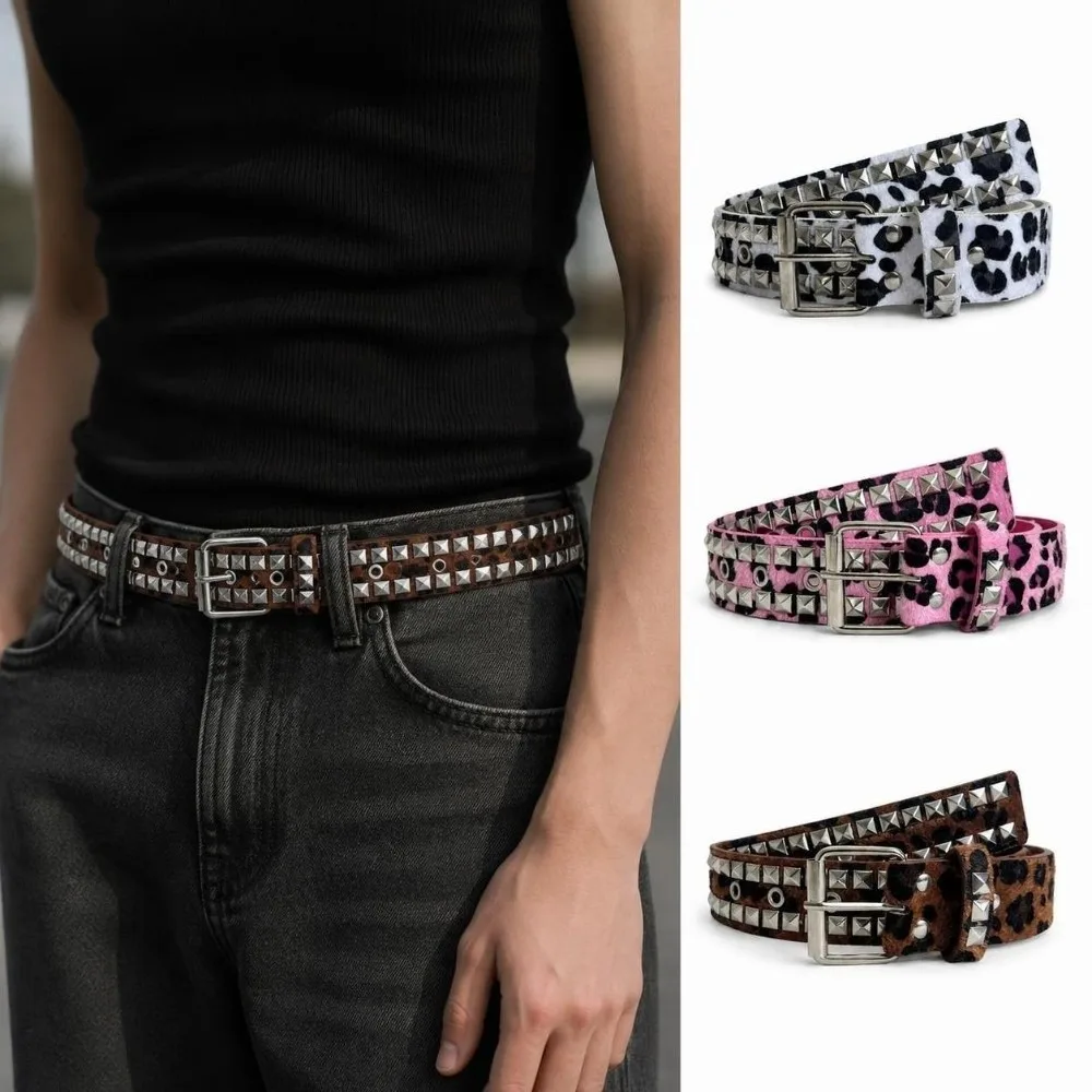 Vintage Adjustable Studded Punk Belt Pin Buckle Studded Pyramid Spike Belt Spike Leopard Print Belt For Jeans Pants