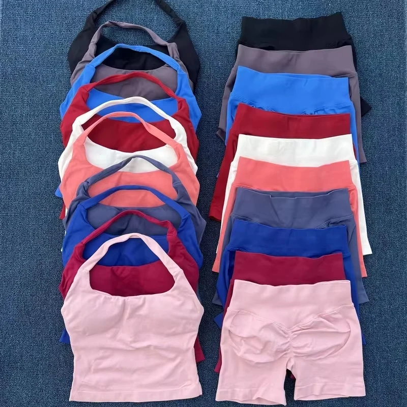 

Impact Shorts Sets Seamless Yoga Set Women 2 Pieces Halter Sports Bra And Scrunch Butt Gym Shorts Suits Workout Clothes Outfit