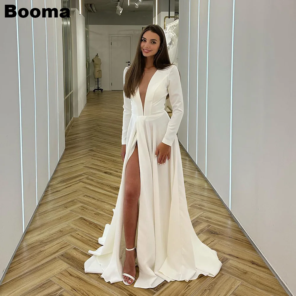 

Booma A Line Elegant Wedding Dresses Deep V Neck Stain Long Sleeves Bridal Gowns Leg Slit Floor Length Wedding Party Dress Women