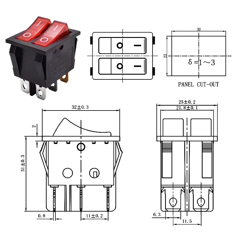 مفتاح هزاز بلاستيكي بضوء مضيء ، زر ضغط مزدوج ، أحمر وأخضر ، طاقة داخل وخارج القارب ، 6 مسامير ، KCD6 ، 12 فولت ، 16A ، 1 #6