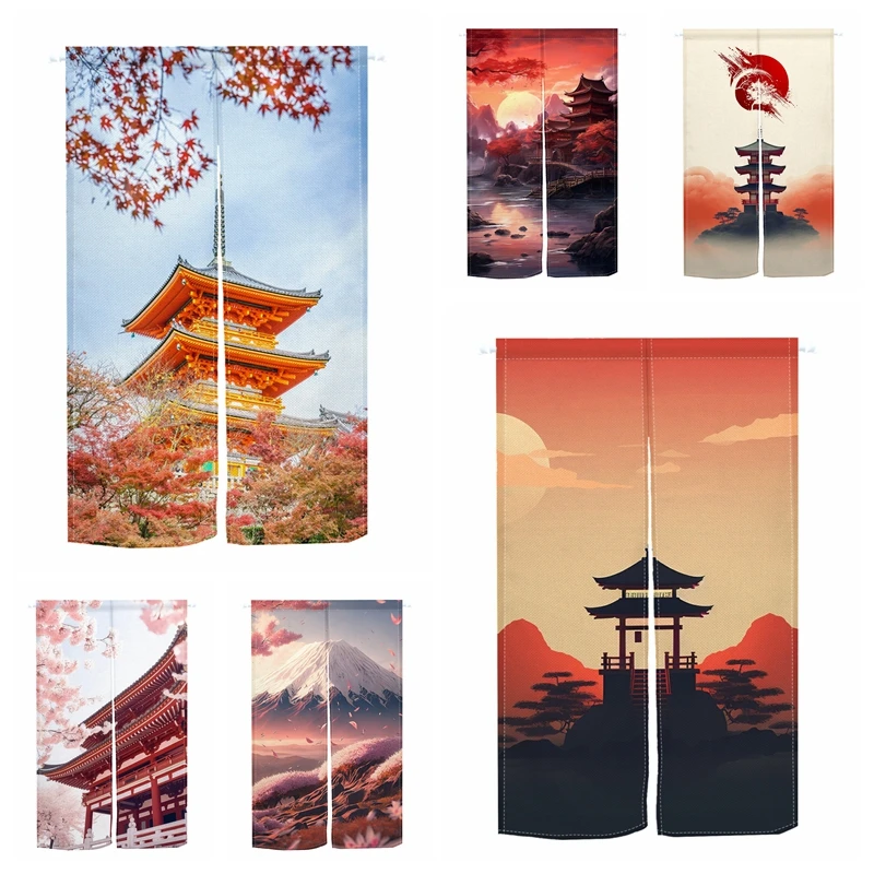 Japanese Architecture Tower Door Curtain Fuji Landscape Kitchen Partition Ukiyo-e Linen Curtain Living Room Split Half Curtains