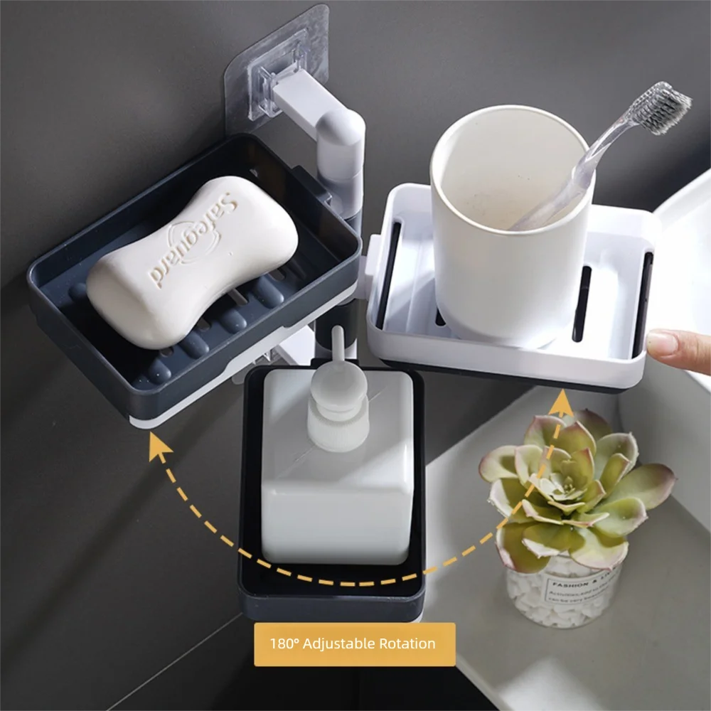 Durable Rotary Soap Box Wall Mounted Multi-function Drain Storage Rack Punch-Free Dry and Wet Separation Soap Dish Bathroom
