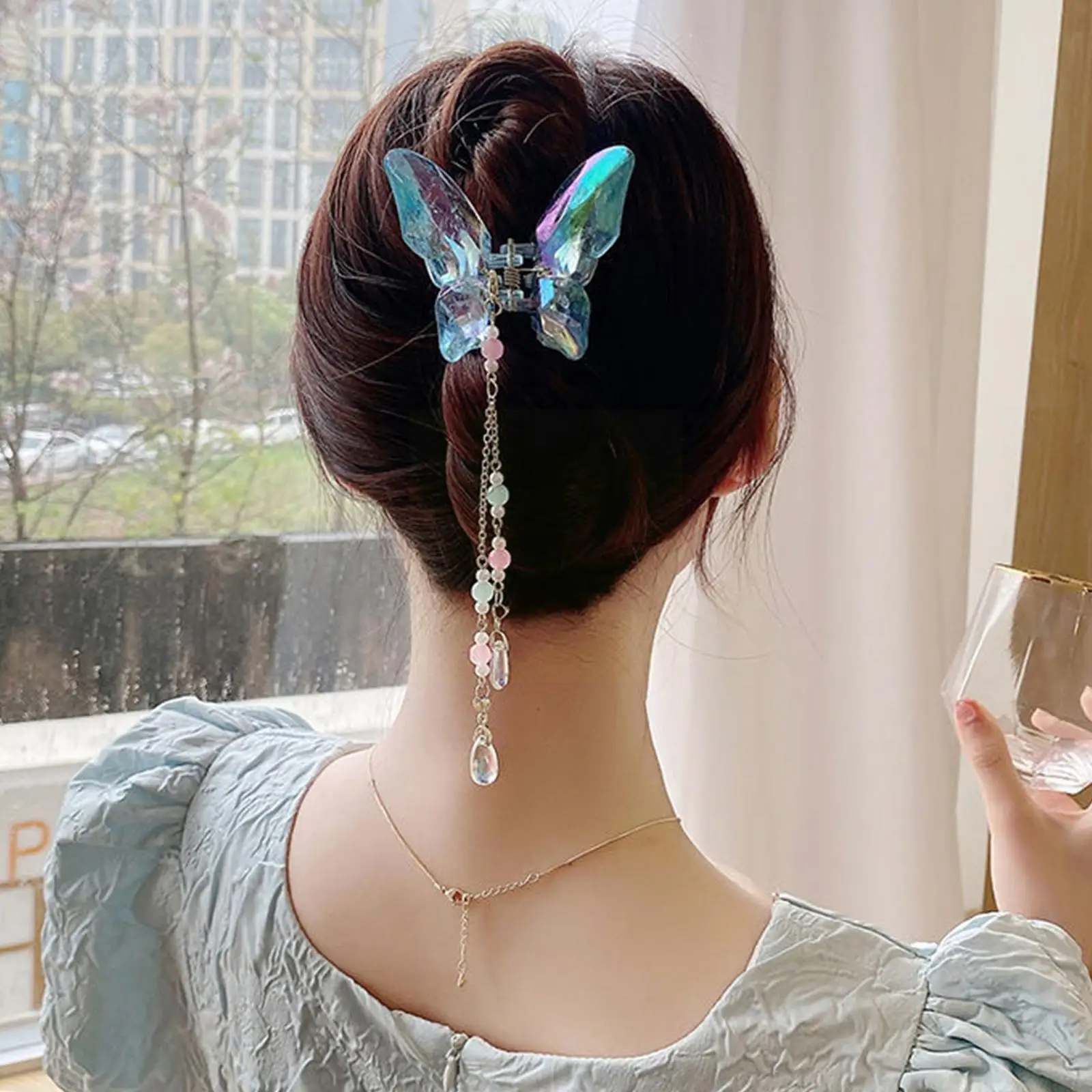 Pinzas para el pelo con borla de mariposa de cristal transparente para mujer, colgante de cangrejo, Clip de pelo de mariposa de acrílico transparente con cadena