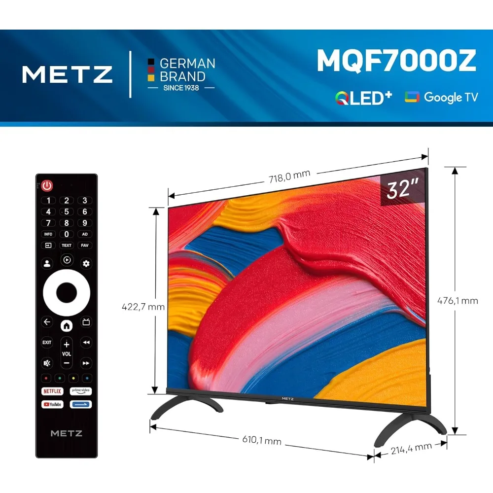 Metz QLED TV 32 pulgadas (80 cm) Televisión LED inteligente Google Tele HDR 10 Dolby Audio Bluetooth 5.1 Sintonizador de cuidado de los ojos