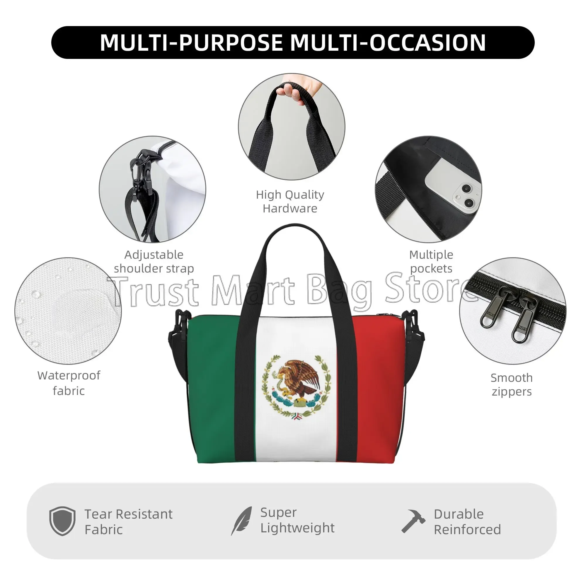 Mexican Flag Travel Duffle Bag Large Weekender Overnight Bags for Women Men Waterproof Carry on Shoulder Tote Bags for Travel