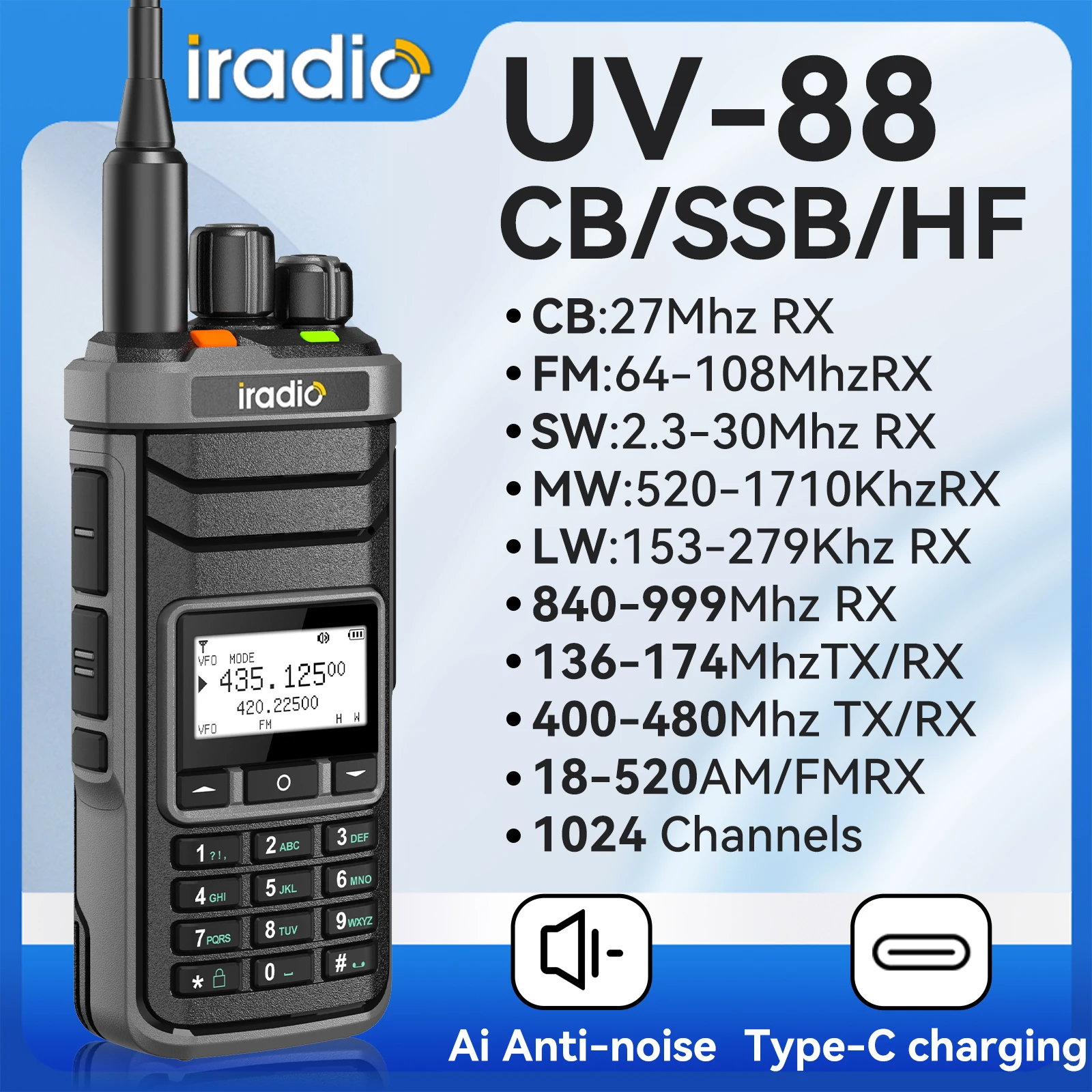 

Iradio UV88 Walkie Talkie, двустороннее радио, коротковолновое, 2,3-26,1 МГц, UV88 FM SW MW, LW-радиостанция, многодиапазонный реазарядер типа C, 1024 канала