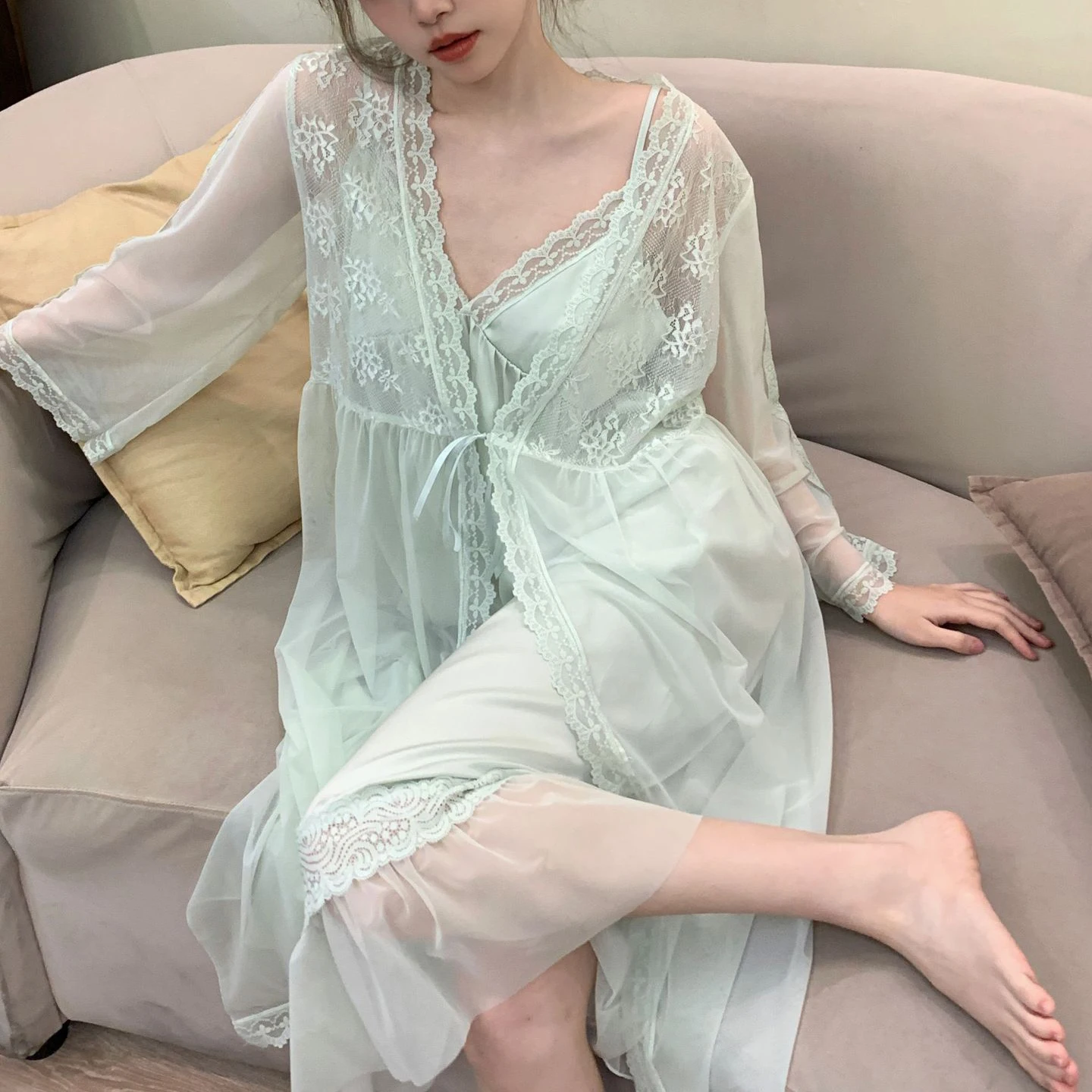 Women Satin 2Pcs Chemise Sleepwear Mesh Lace Robe Kimono Nighty&robe Set Loungewear Leisure Nightgown Princess Style Homedress