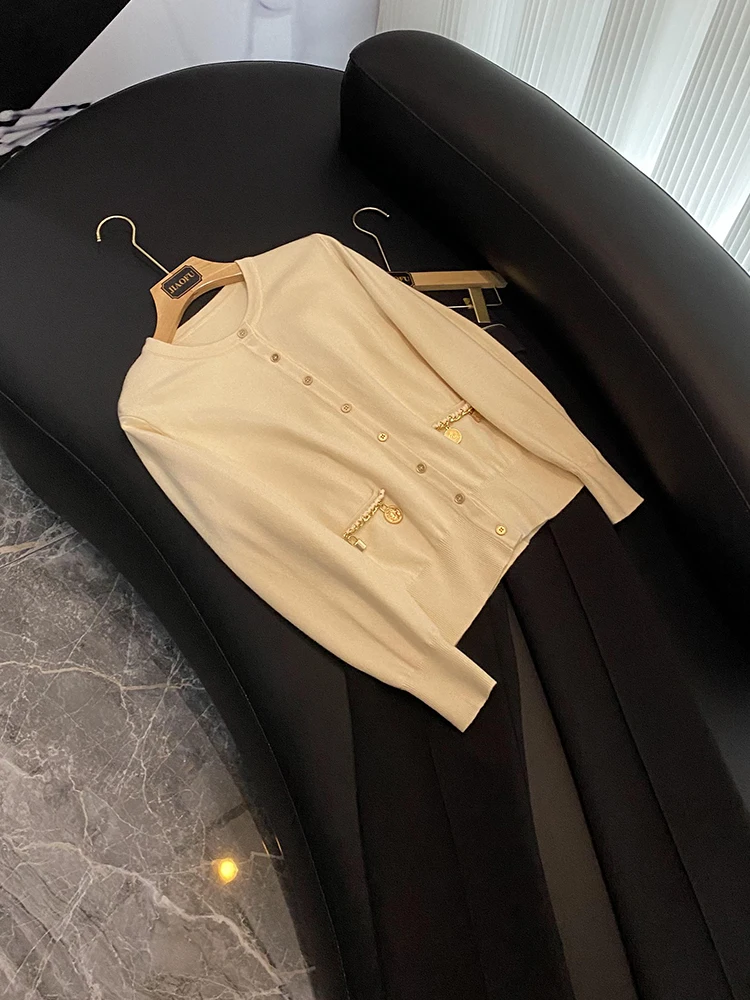 High Quality Blends New Arrival Women O-neckline Solid Tops Single-breasted Chain Decoration Lady Casual Kint Cardigan