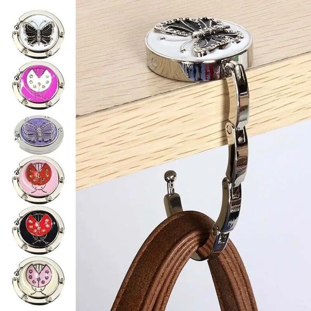 Travel Portable Diamond Butterfly Pattern Table Hanger Desk Hooks Folding Purse Hook Bag Holder Handbag Hanger Travel