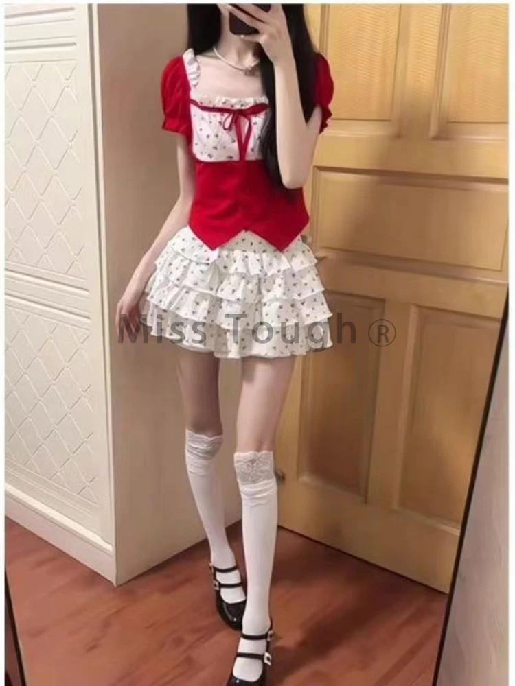 2024 Y2k Summer 2 Piece Set Women Sweet Lace Tops + Print Mini Skirts Female Fashion Chic Kawaii Pachtwork High Street Suits New