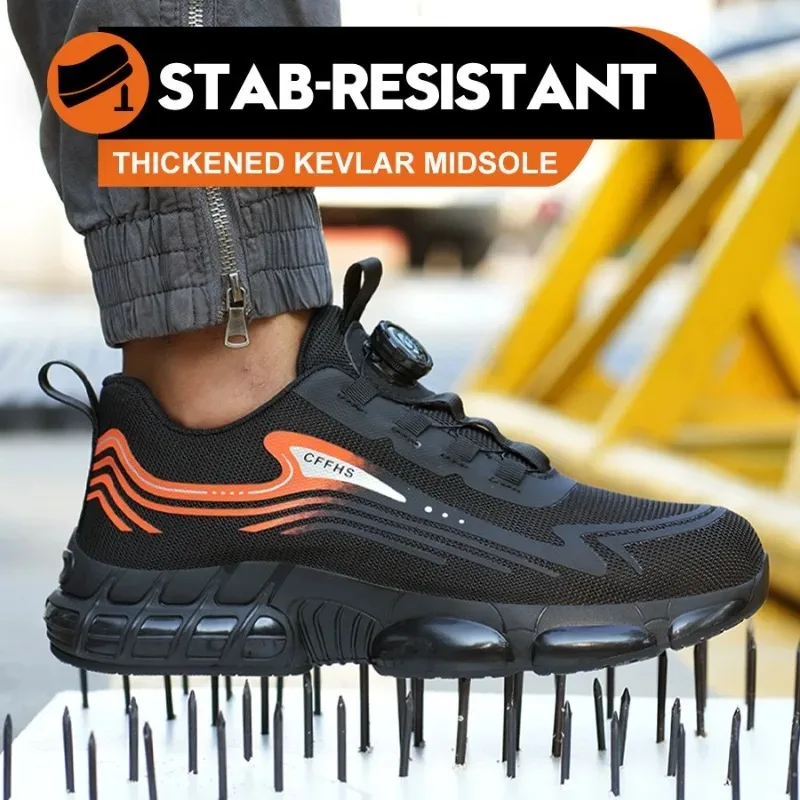 Men Fashion Button Knitted Steel Toe Safety Shoes Anti Smash Puncture Proof Breathable Slip Resistant Comfort Work Boots
