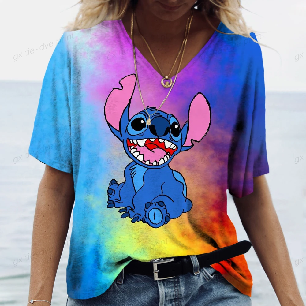 Summer Casual V-neck T-shirt Women\'s Disney Print Shirt Top Loose Stitch Women\'s Street Wear Short Sleeve Clothes S-5XL