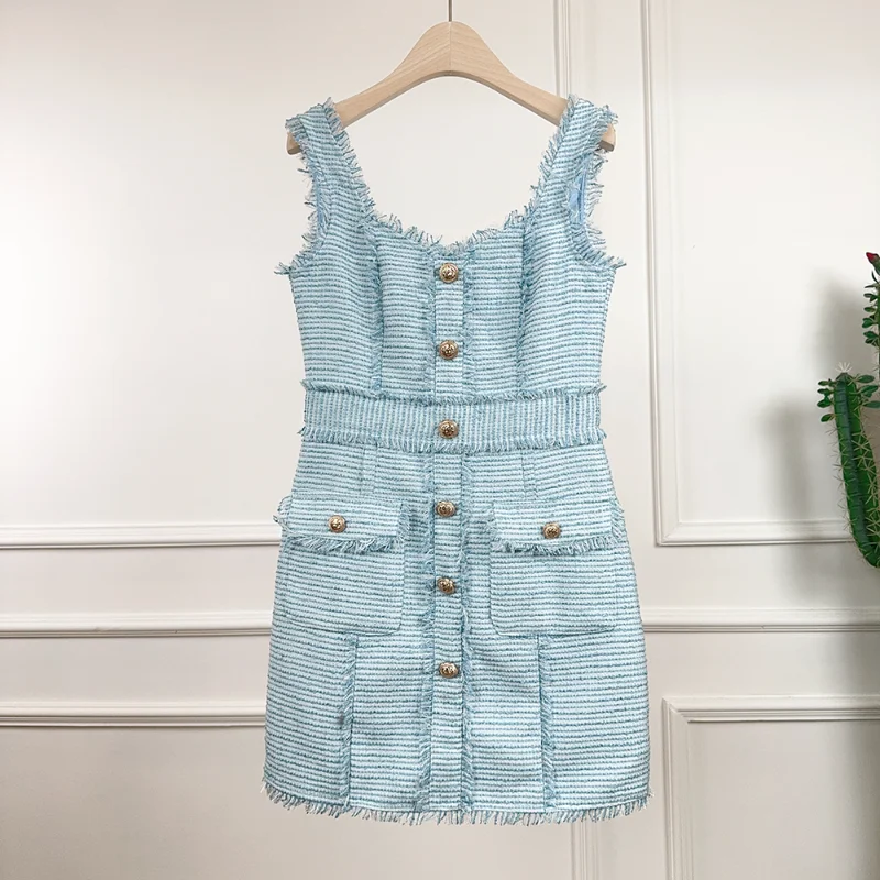 

Women Summer French Small Fragrance Sleeveless Blue White Dress Tassel Stripe Sweet Party Wedding Tweed Lady Short Dress Female