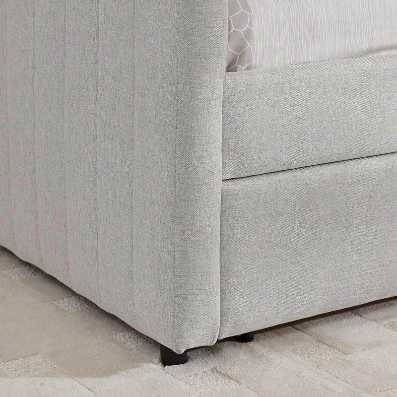 أريكة سرير نهارية بحجم كوين مع درجين، منجدة من قماش الكتان البيج مع خطوط عمودية (86.5 بوصة × 65 بوصة × 30 بوصة) #5