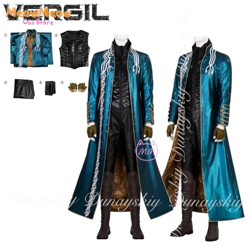 CyDMC Three Devil Game May Cry Dante Vergil Косплей с белым париком и синим пальто Nelo Angelo Dark Slayer Косплей Костюм Full Su CyDMC Three Devil Game May Cry Dante Vergil Косплей с белым париком и синим пальто Nelo Angelo Dark Slayer Косплей Костюм Full Su