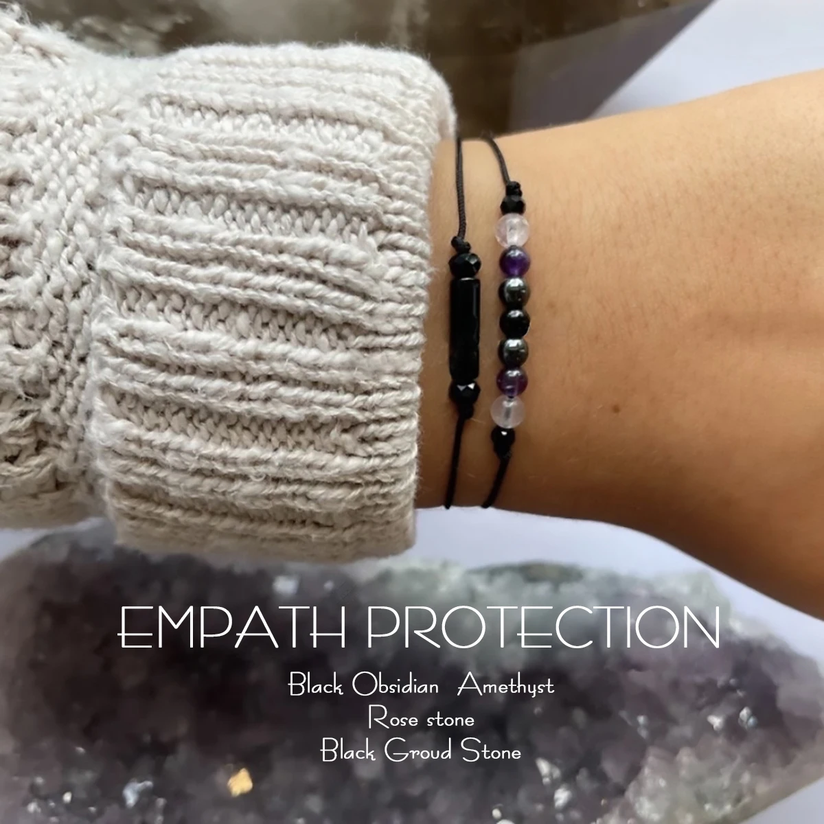 Empath Protection Drawstring Bracelet Set, Gifts for Him or Her, Black Obsidian, Amethyst, Rose Stone,without card,1set(2pcs)